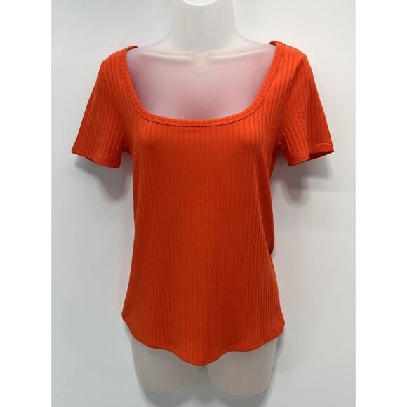 NWT Loft Short Sleeve Shirt Women Medium Orange Scoop Neck Ribbed Stretch Casual - Picture 1 of 8